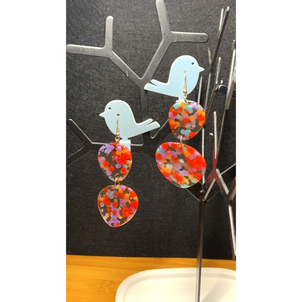 Confetti Resin Double Disc Drop Earrings Multicolor Acetate Statement NWT